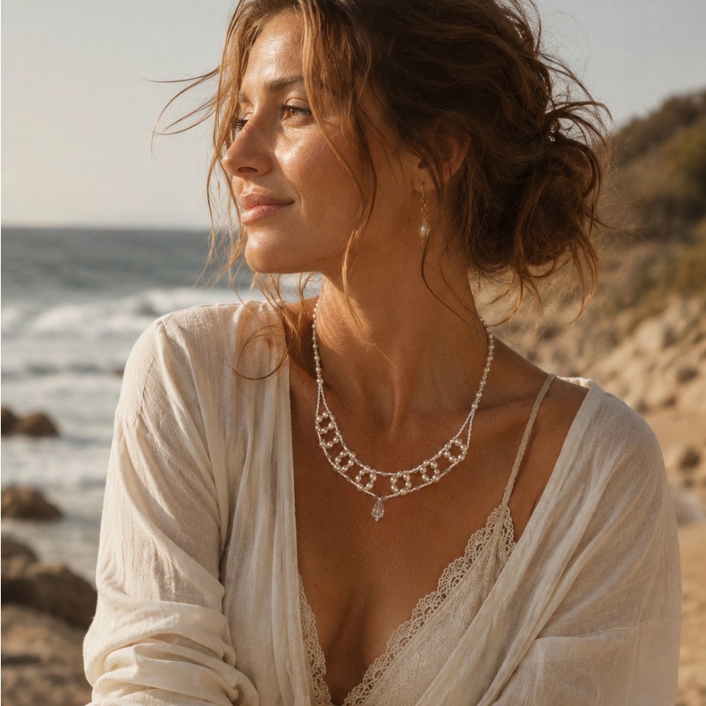 Vintage Freshwater Pearl Crystal Necklace Artisan Coastal Cottagecore Bridal